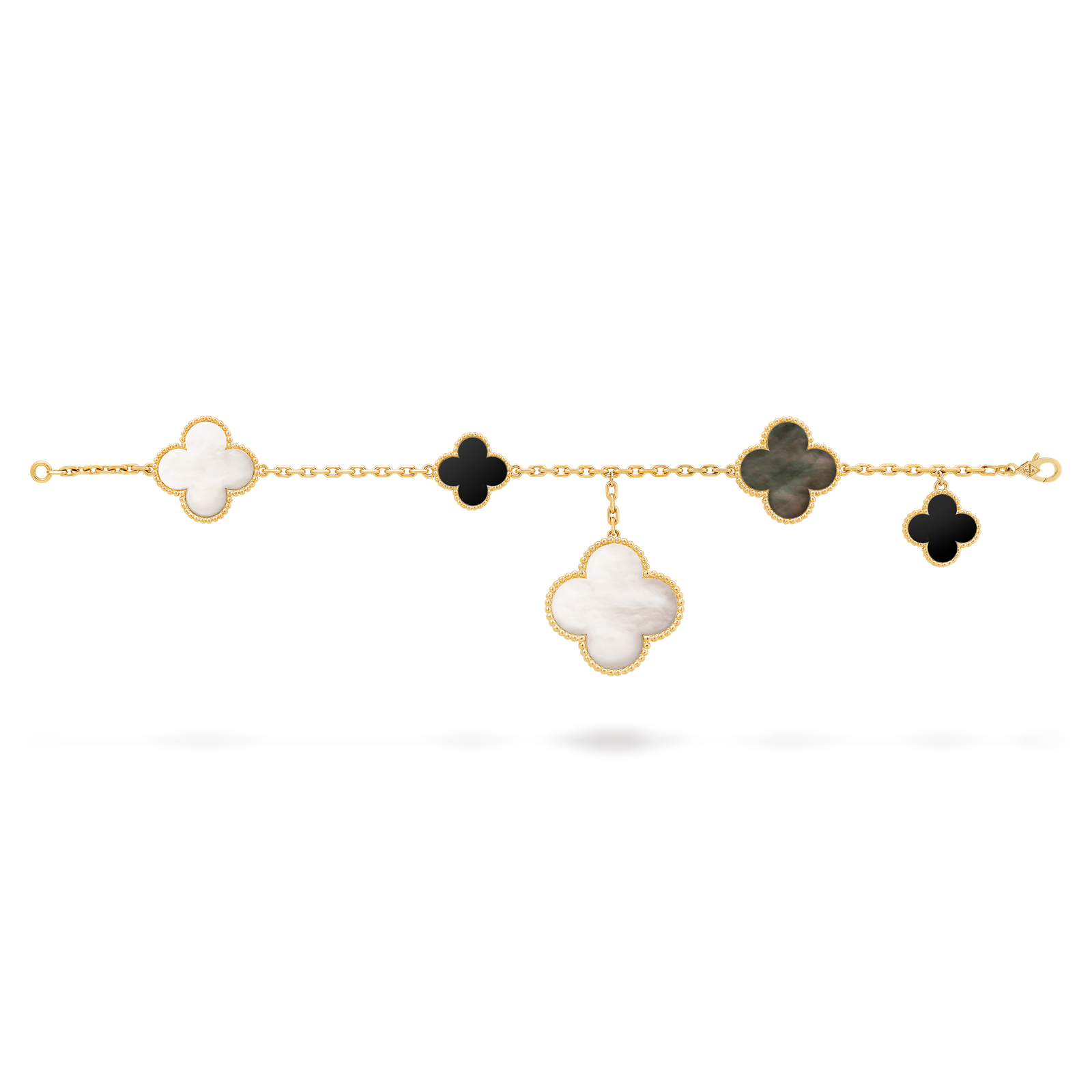 Magic Alhambra bracelet, 5 motifs (Yellow gold, Mother-of-pearl, Onyx)