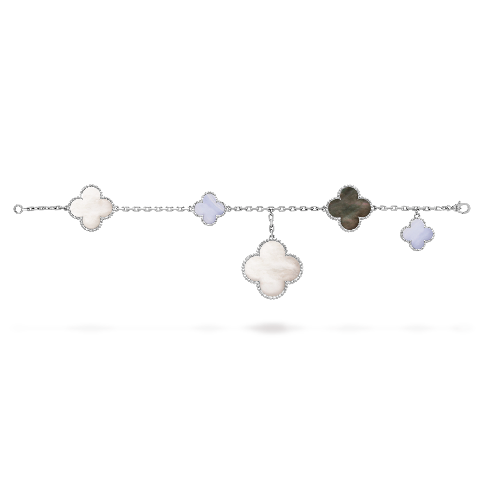 Magic Alhambra bracelet, 5 motifs (White gold, Chalcedony, Mother-of-pearl)