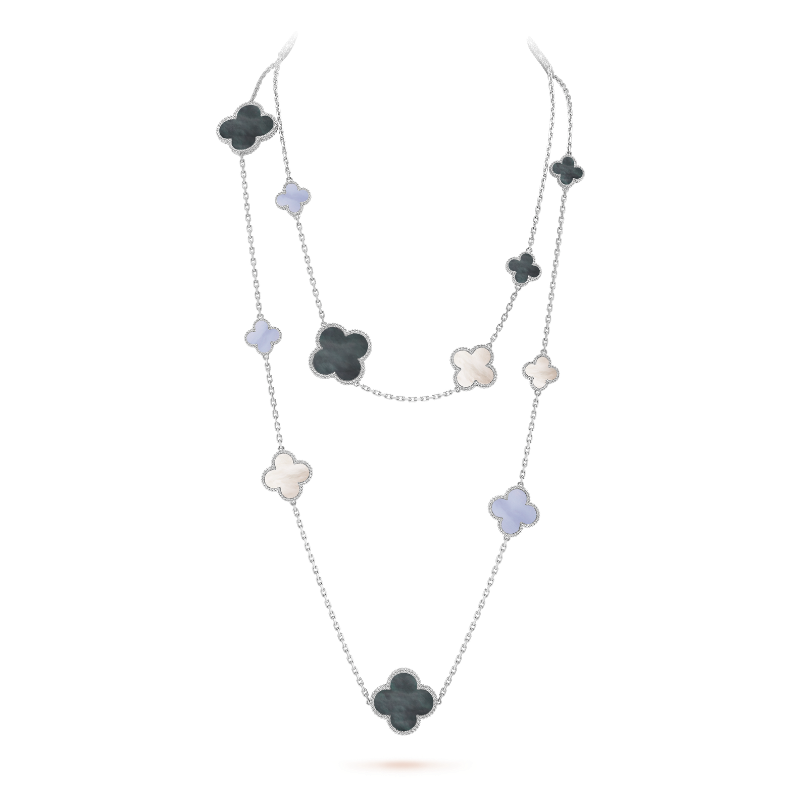 Magic Alhambra long necklace, 16 motifs (White gold, Chalcedony, Mother-of-pearl)