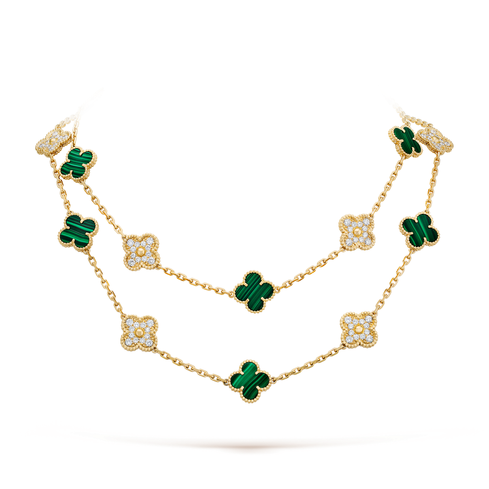 Vintage Alhambra long necklace, 20 motifs ( Yellow gold, Diamond, Malachite)