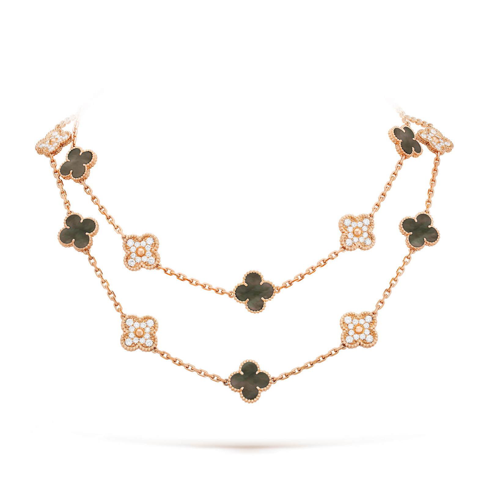 Vintage Alhambra long necklace, 20 motifs (Rose gold, Diamond, Mother-of-pearl)