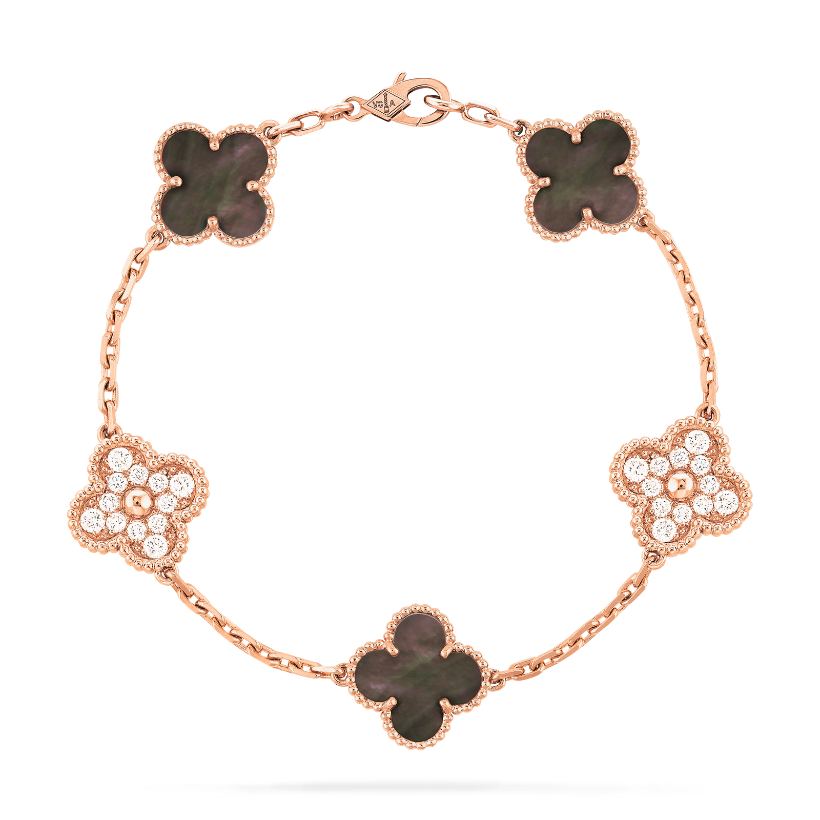 Vintage Alhambra bracelet, 5 motifs (Rose gold, Diamond, Mother-of-pearl)