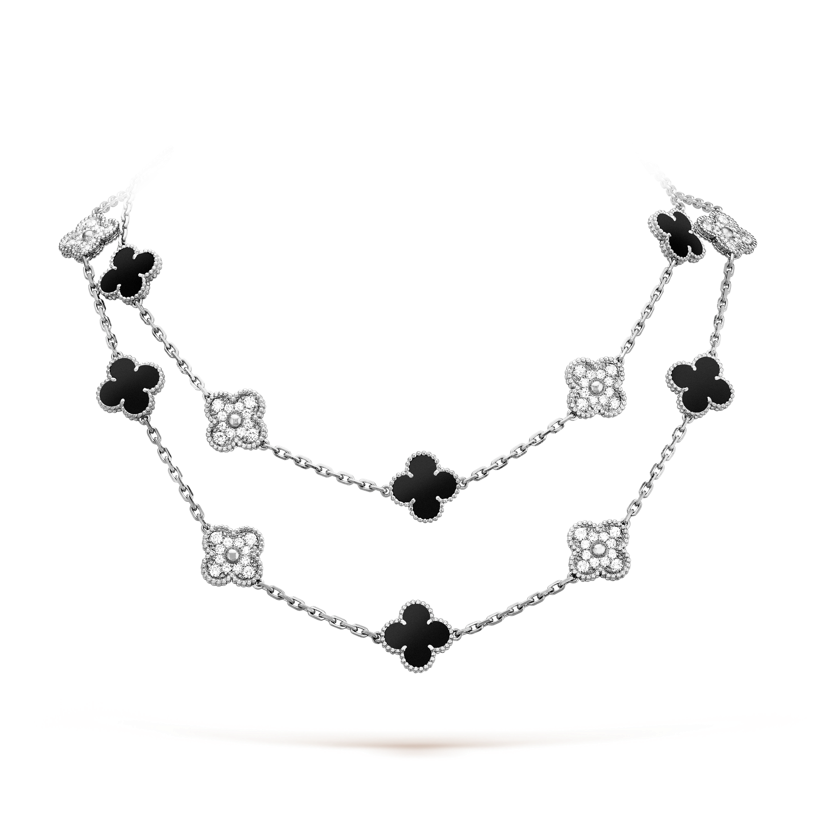 Vintage Alhambra long necklace, 20 motifs (White gold, Diamond, Onyx)