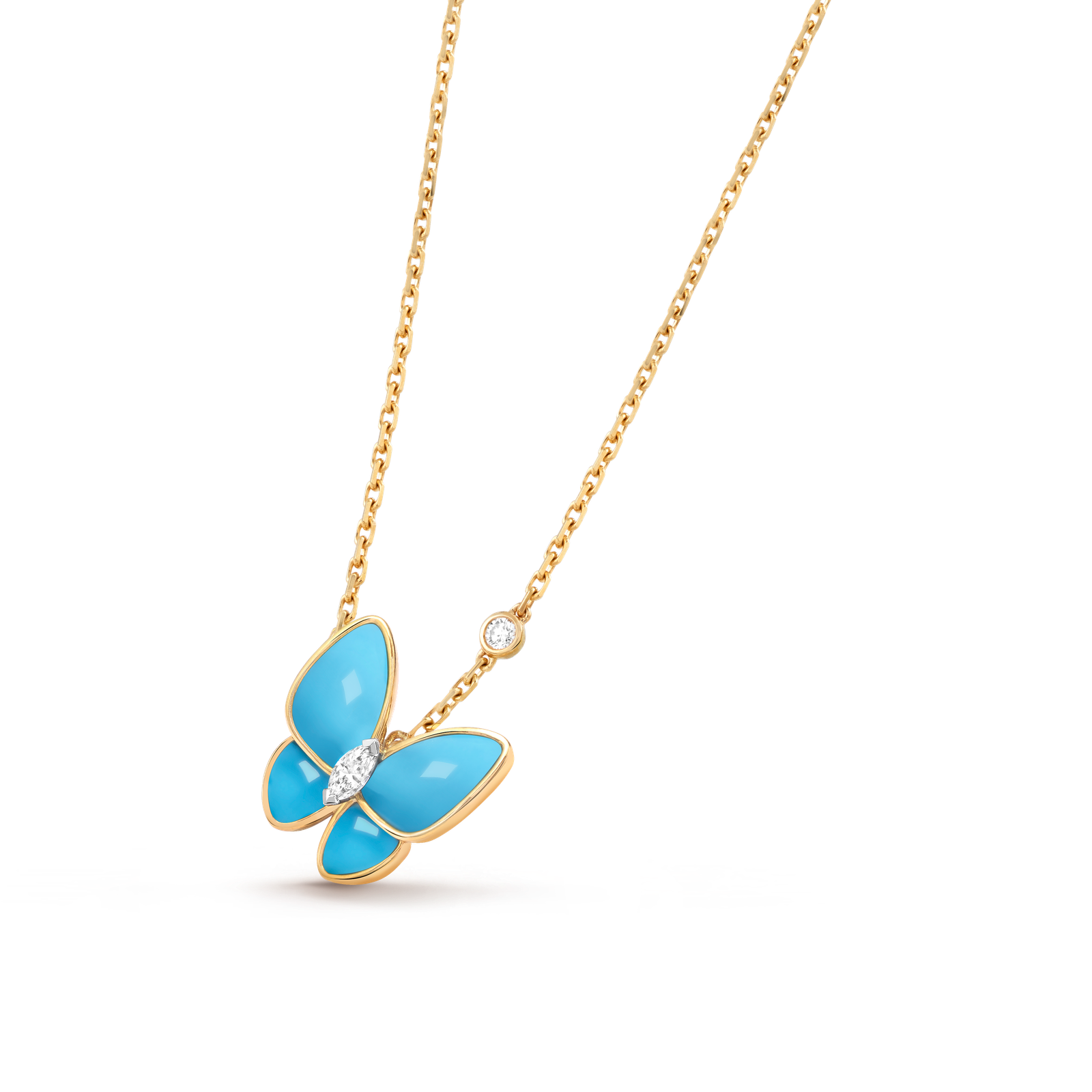 Two Butterfly pendant (Yellow gold, Diamond, Turquoise)