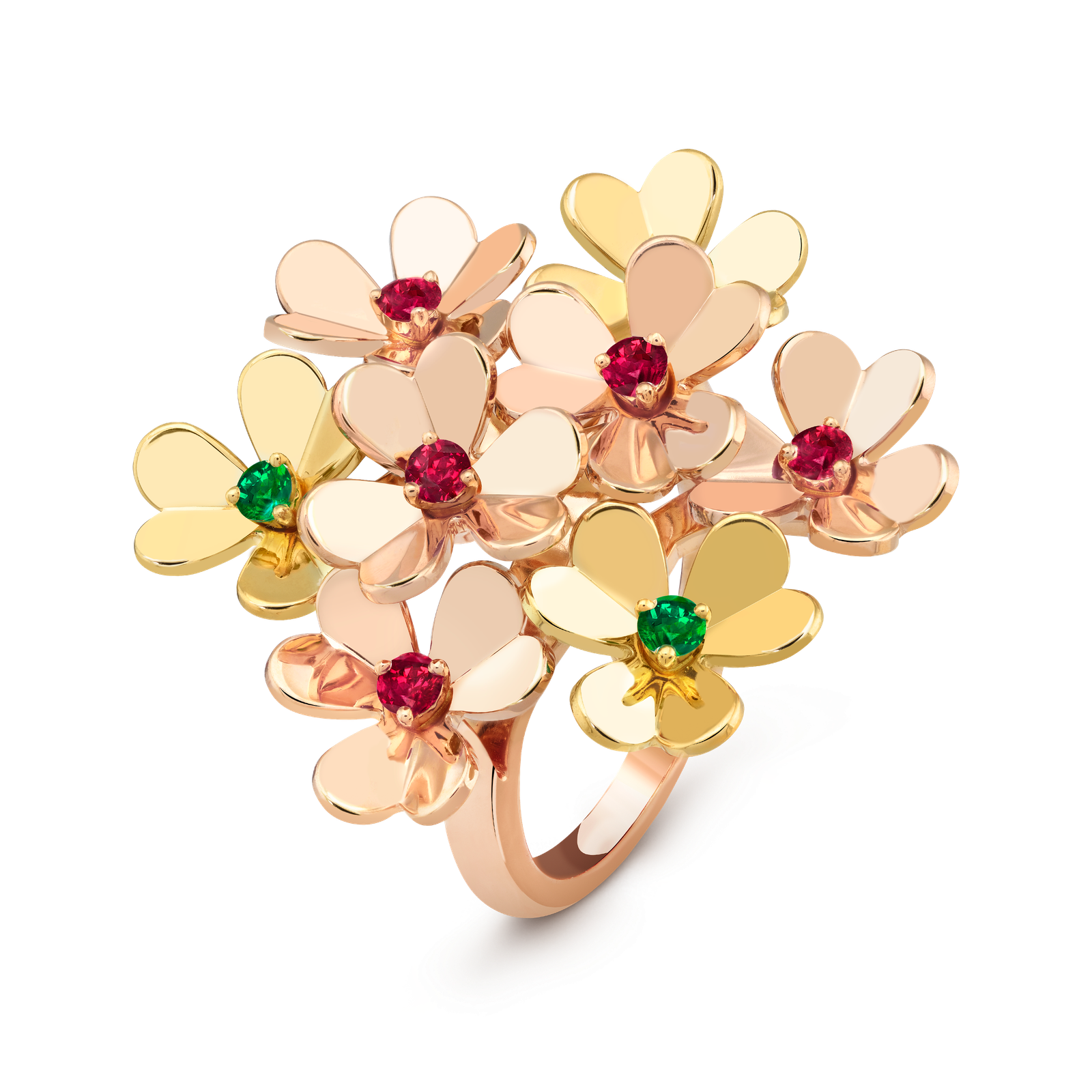 Frivole ring, 8 flowers (Rose gold, Emerald, Ruby)
