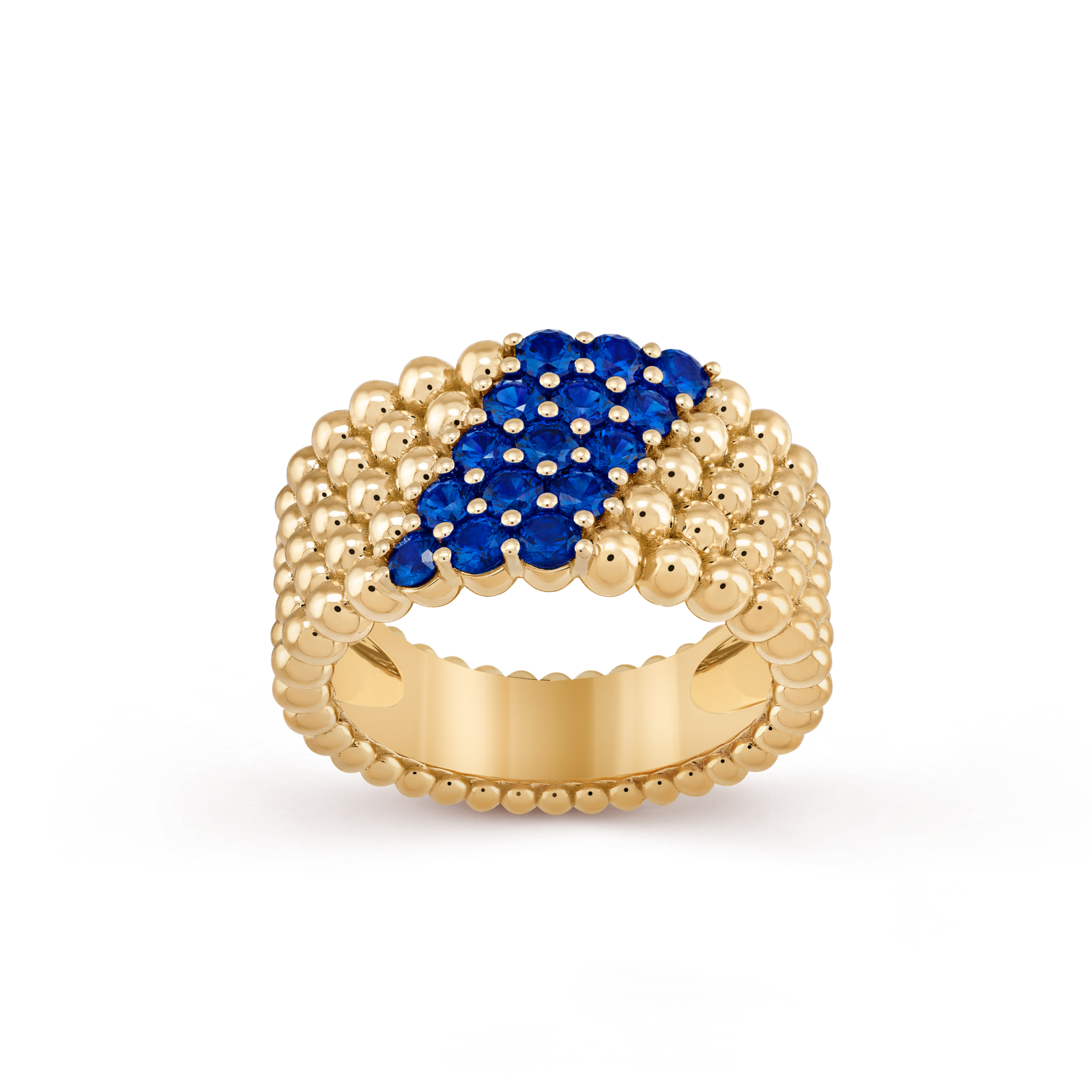 Perlée couleurs ring, 5 rows (Yellow gold, Sapphire)