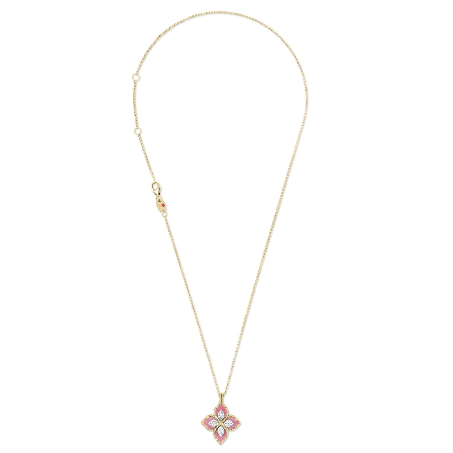 Princess Flower Rhodonite & Diamond Pendant Necklace Small Version (Yellow Gold)