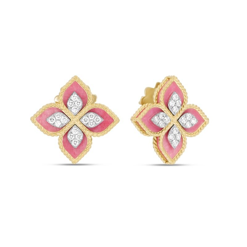 Princess Flower Rhodonite & Diamond Earrings Small Version (Yellow Gold)