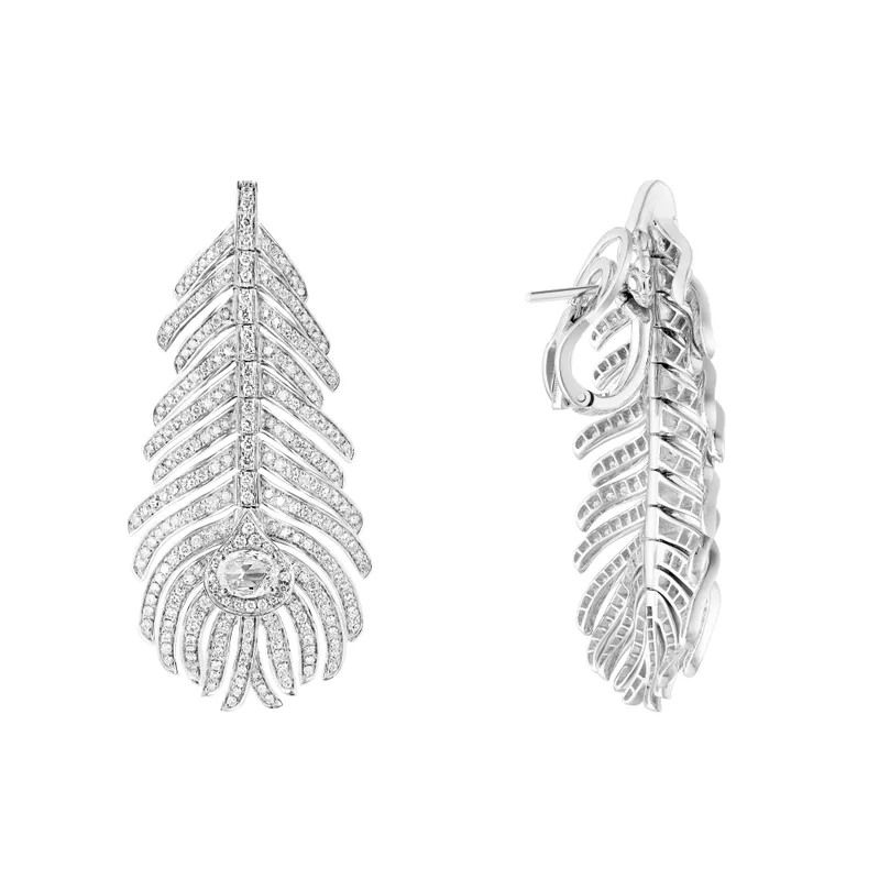 Plume De Paon Pendant Earrings, Medium Model (White Gold)