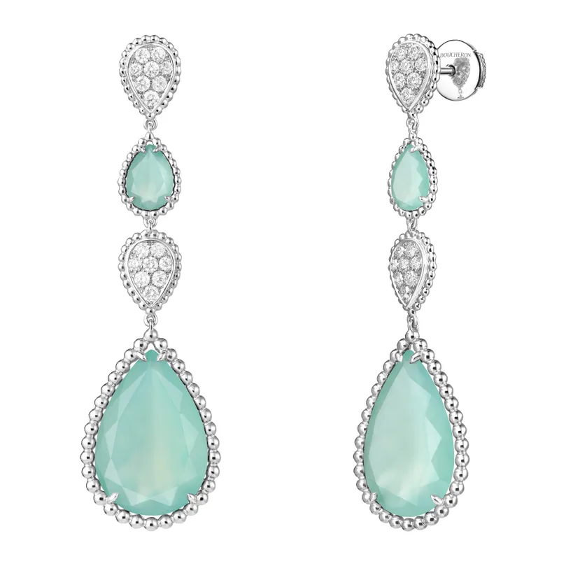 Serpent Bohème Aquaprase & Diamond Pendant Earrings, XS & L Motifs (White Gold)