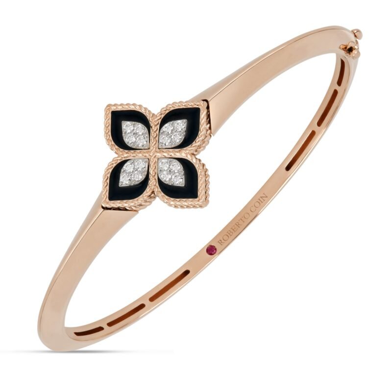 Princess Flower Diamond & Black Jade Bangle (Rose Gold)