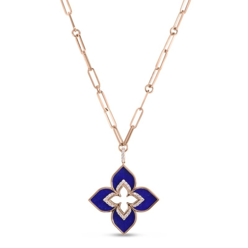 Venetian Princess Lapis Lazuli & One Row Diamond Pendant Necklace Large Version (Rose Gold)