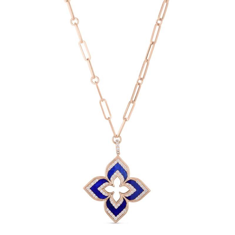 Venetian Princess Lapis Lazuli & Two Row Diamond Pendant Necklace Large Version (Rose Gold)