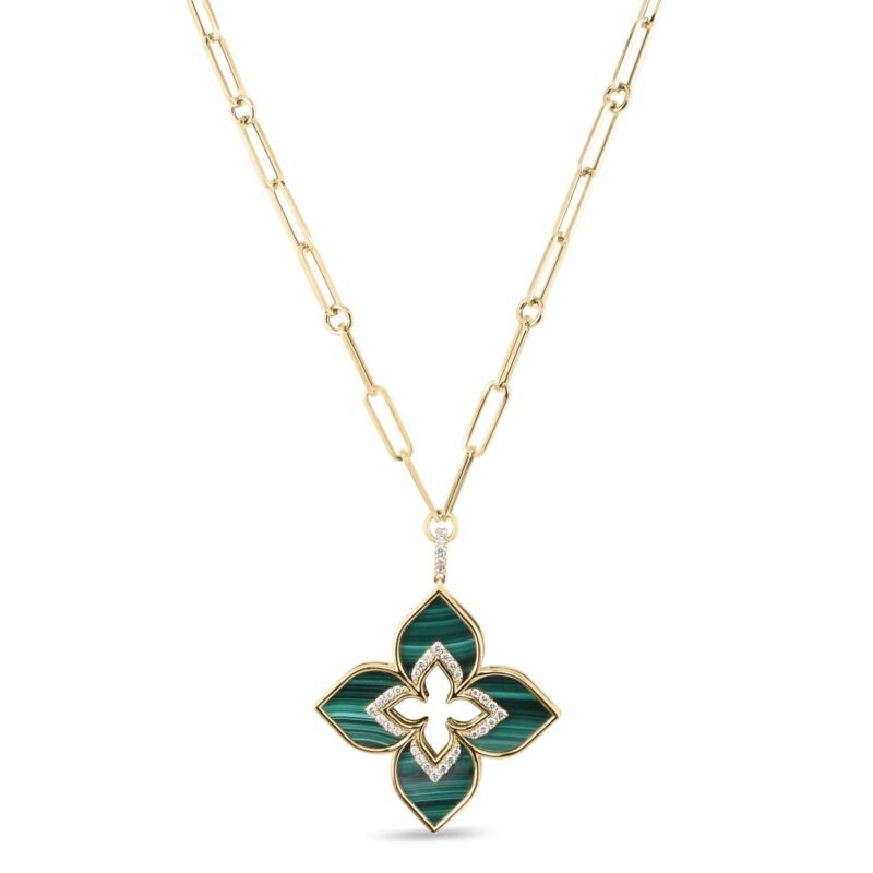 Venetian Princess Malachite & One Row Diamond Pendant Necklace Large Version (Yellow Gold)