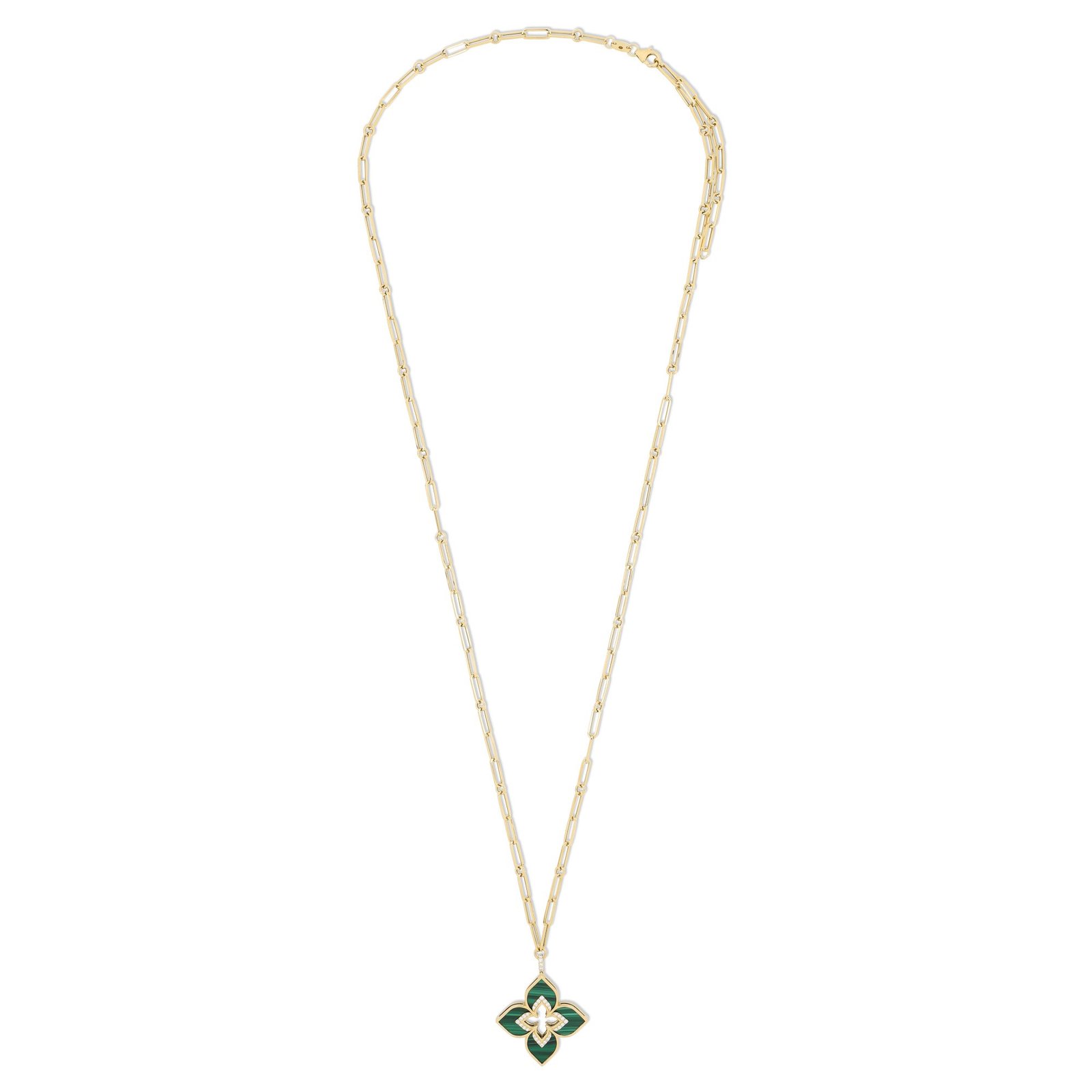 Venetian Princess Malachite & One Row Diamond Pendant Necklace Large Version (Yellow Gold)