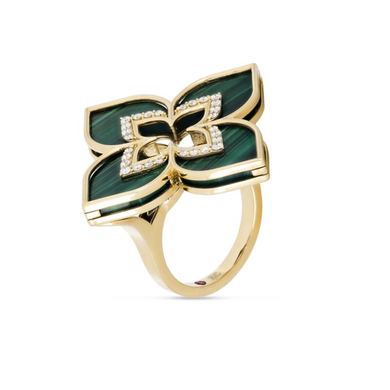 Venetian Princess Malachite & One Row Diamond Ring Large Version (Yellow Gold)