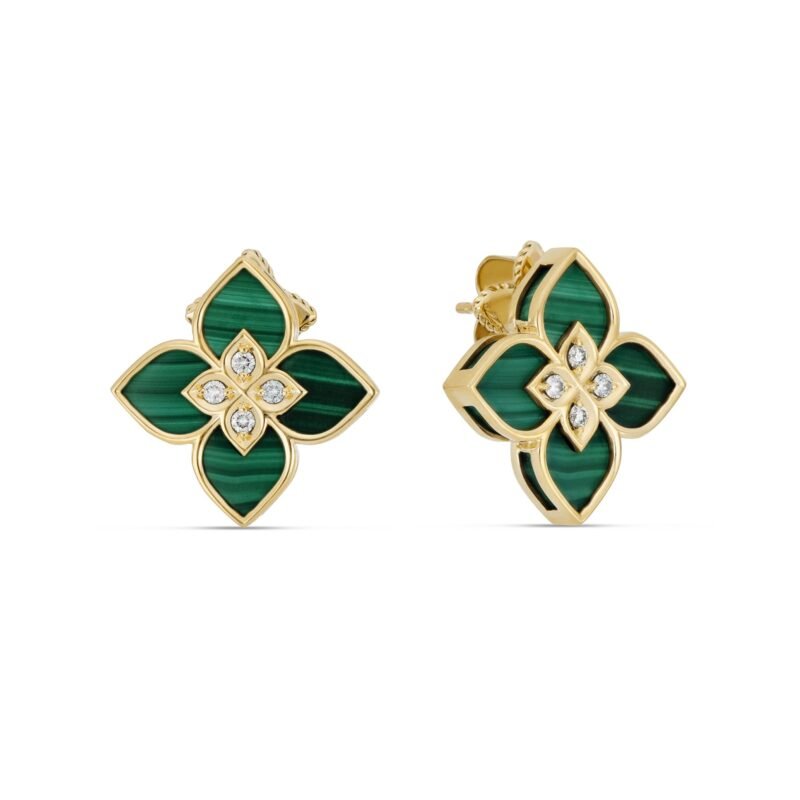 Venetian Princess Malachite & Diamond Stud Earrings (Yellow Gold)
