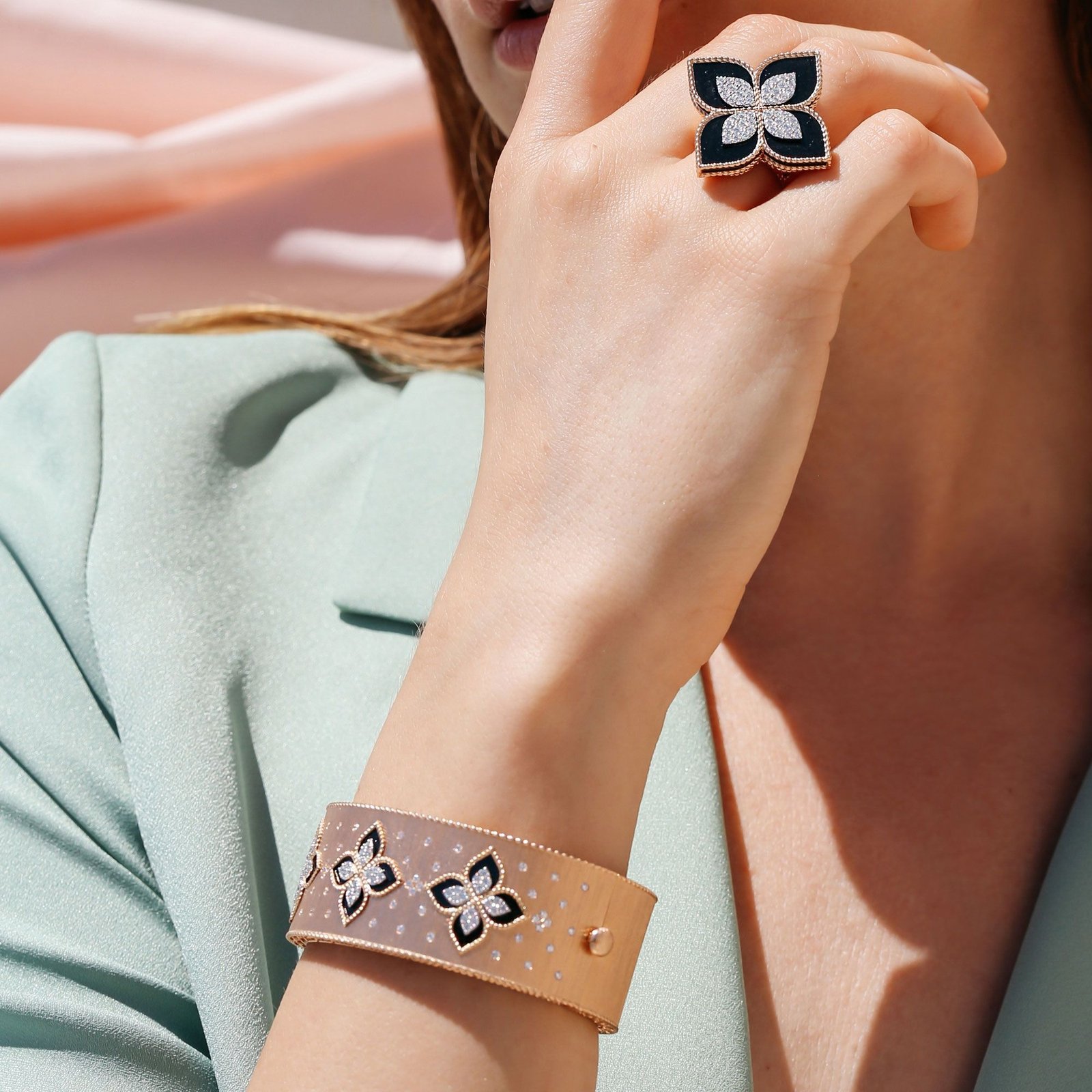 Princess Flower Black Jade & Diamond Bangle (Rose Gold)