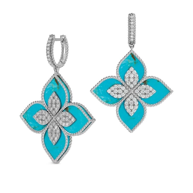 Princess Flower Turquoise & Diamond Earrings Large Version (White Gold)